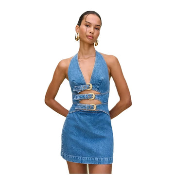 Backless Hang Neck Denim Dress V-neck Metal Buckle
