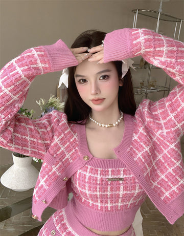 Barbie Sweater Cardigan+Tops+Skirt Sweet Knit Three Piece Set For Women