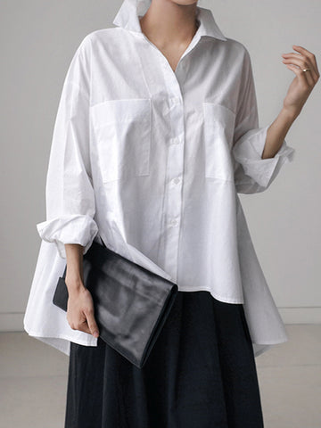 Batwing Sleeve Casual Shirt For Women Big Pockets Korean Style Blouse