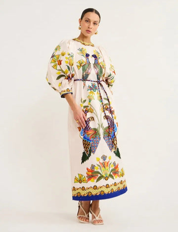 Boho Dress Peacock Printed Lantern Long Sleeve Lace Up Maxi Dress