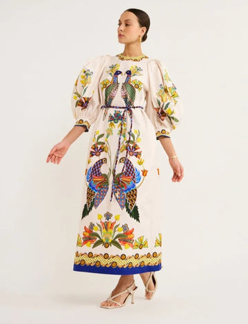 Boho Dress Peacock Printed Lantern Long Sleeve Lace Up Maxi Dress