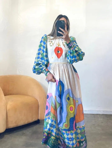 Boho Long Lantern Sleeve Dress High Waist Lace Up Printed  A Line Maxi