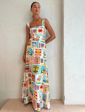 Boho Slim Sleeveless Maxi Dress Printed A line Square Collar