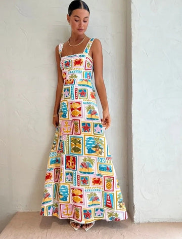 Boho Slim Sleeveless Maxi Dress Printed A line Square Collar