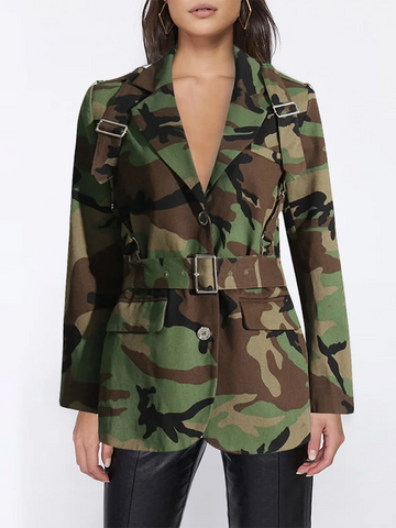 Camouflage Patchwork Belt Casual Blazers Notched Collar Long Sleeve Spliced