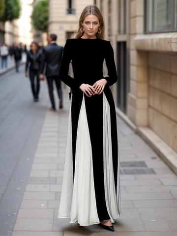 Colorblock Elegant Long Dress O Neck Long Sleeve High Waist