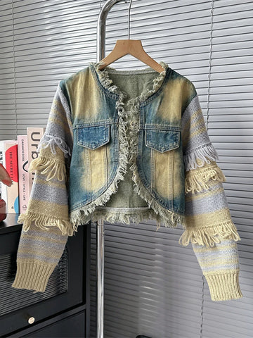 Colorblock Patchwork Knitting Casual Denim Jackets Long Sleeve Spliced Tassel