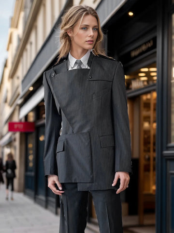 Colorblock Striped Spliced Button Chic Coats