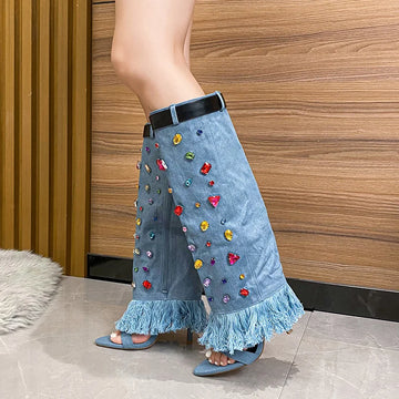 Crystal Diamond Women Knee High Boots Sandals Denim Handmade