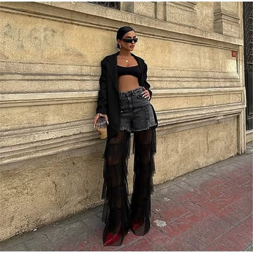 Designer Women's High-Waist Denim Pant with Tulle
