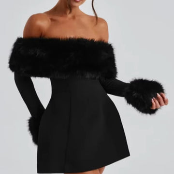 Elegant Fluffy Fur Slash Collar High Waist Mini Dress