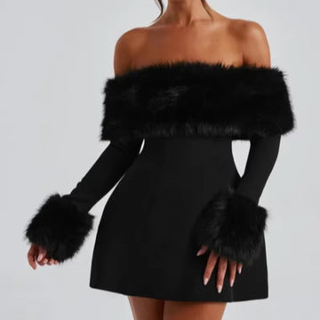 Elegant Fluffy Fur Slash Collar High Waist Mini Dress