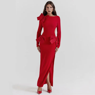 Elegant Bow Backless Sexy Red Maxi Dress O Neck Long Sleeve Bodycon Club Party