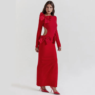 Elegant Bow Backless Sexy Red Maxi Dress O Neck Long Sleeve Bodycon Club Party