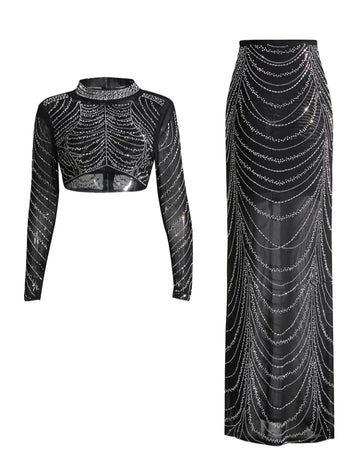 Elegant Spliced Diamonds Outfit Set Long Sleeve Tops High Waist Skirt