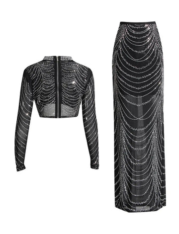 Elegant Spliced Diamonds Outfit Set Long Sleeve Tops High Waist Skirt