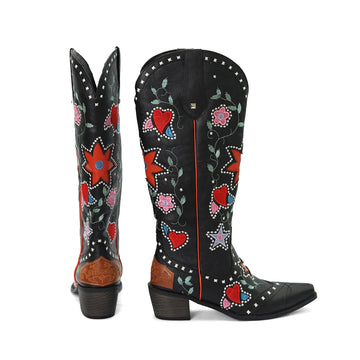 Vintage Womens Embroidered Long Boots Cowboy Western Knee High