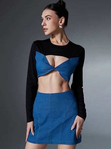 Hit Color Two Piece Hollow Out Tops High Waist Slim Skirt Chic Sets