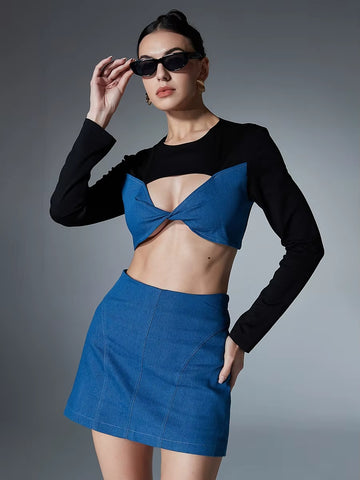 Hit Color Two Piece Hollow Out Tops High Waist Slim Skirt Chic Sets