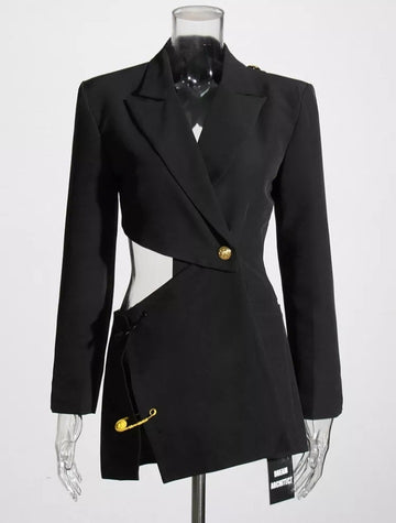 Black Women's Blazer Cut Out Notched Collar Backless Fashionella