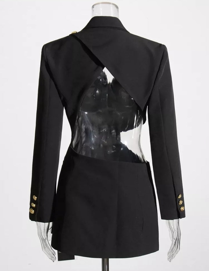 Fashionella Cut Out Notched Collar Backless Black Women's Blazer