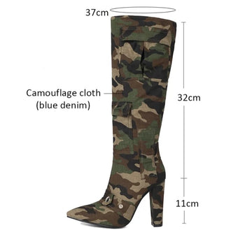 Fashionella Plus Size Military Design Autumn Winter High Chunky Heels Knee High Women Boots