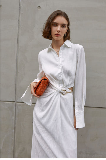 French Long Shirt Dress Metal Chain Wrinkle Hollow Out Long Sleeve