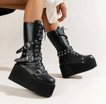 Gothic Punk Boots Platform Mid Calf Metal Buckle For Women's