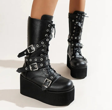 Gothic Punk Boots Platform Mid Calf Metal Buckle For Women's