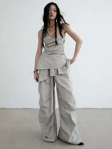 High Waist Gray Drawstring Ruffles Pleated Long Wide Leg Pants Set
