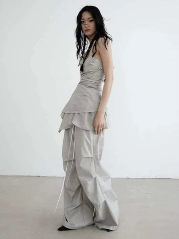 High Waist Gray Drawstring Ruffles Pleated Long Wide Leg Pants Set