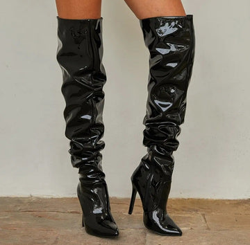 High Heel Boots For Women's Patent Leather Pleated Design Over The Knee