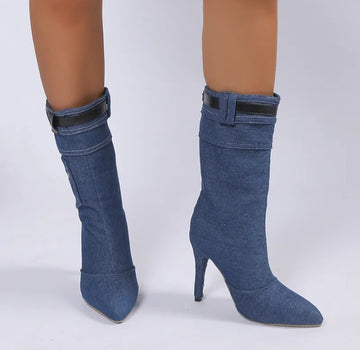 Women's Denim Boots High Heel Mid Calf Autumn Plus Size Pointed Toe