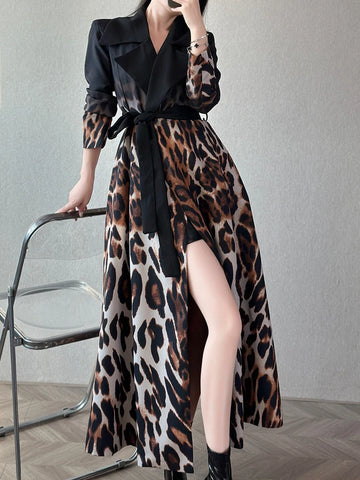 Hit Color Leopard Printting Streetwear Midi Dress