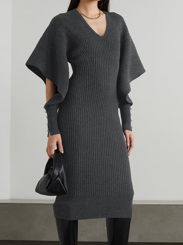 Hollow Out Midi Knitted Dress Minimalist Style V Neck Long Sleeve