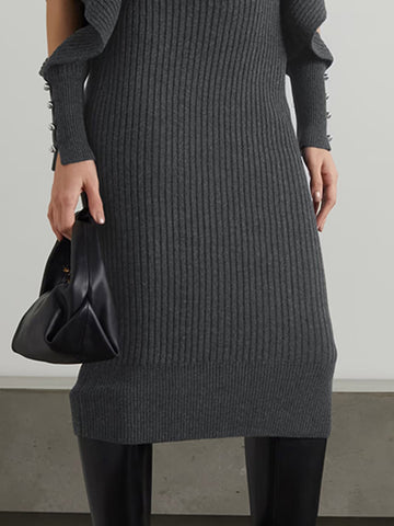 Hollow Out Midi Knitted Dress Minimalist Style V Neck Long Sleeve