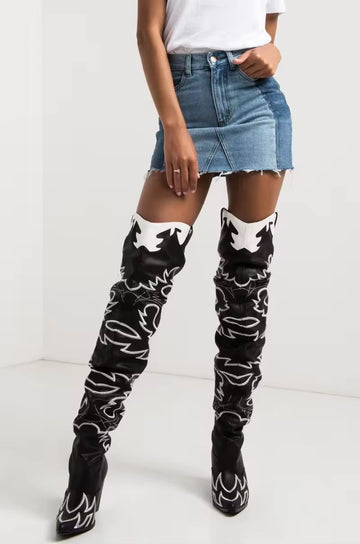 Woman Knee High Boots Western Cowboy Boots Wide Calf Embroidered