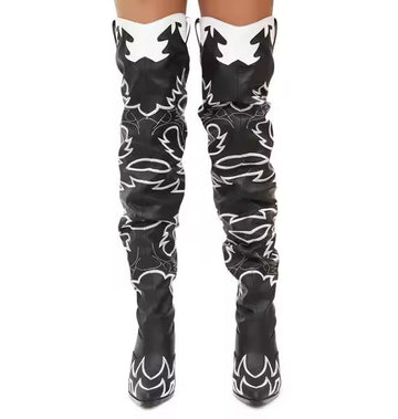 Woman Knee High Boots Western Cowboy Boots Wide Calf Embroidered