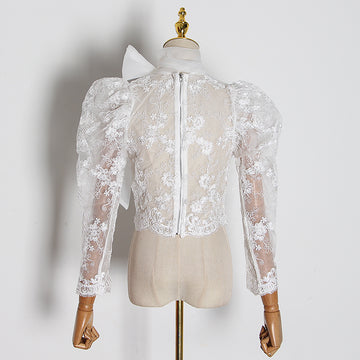 Lace Embroidery Blouse Long Puff Sleeve Stand Collar Slim Organza