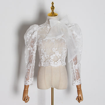 Lace Embroidery Blouse Long Puff Sleeve Stand Collar Slim Organza