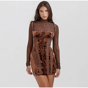 Lace Velvet Patchwork Mini Dress Stand Collar Long Sleeve See Through