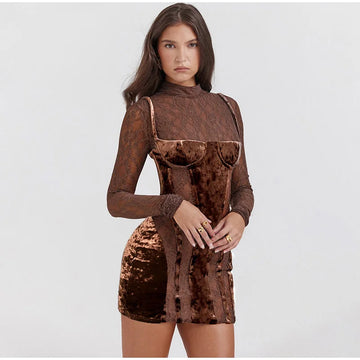 Lace Velvet Patchwork Mini Dress Stand Collar Long Sleeve See Through