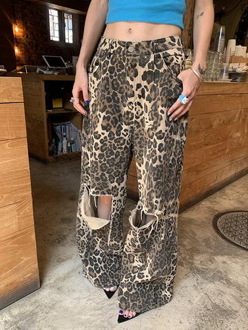 Leopard Ripped Wide Leg Jeans Patchwork Button Loose Fashion Denim Pant