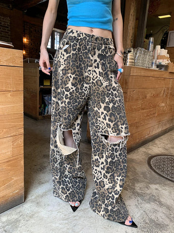 Leopard Ripped Wide Leg Jeans Patchwork Button Loose Fashion Denim Pant