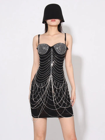 Patchwork Chain Slimming Dress Sleeveless High Waist Sexy Camisole