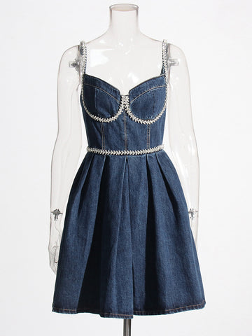 Patchwork Diamonds Denim Mini Dress Square Collar Sleeveless High Waist