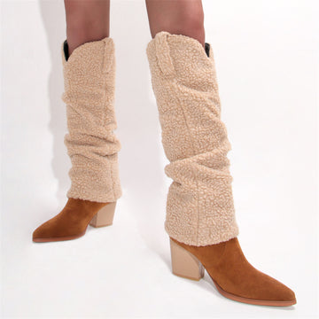 Plush Suede Western Boots Knee High Autumn Winter Square Heels