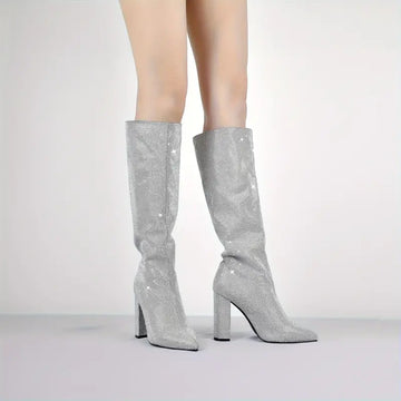 Point Toe Knee Boots Silver Glitter Rhinestone Slip on Block Heeled