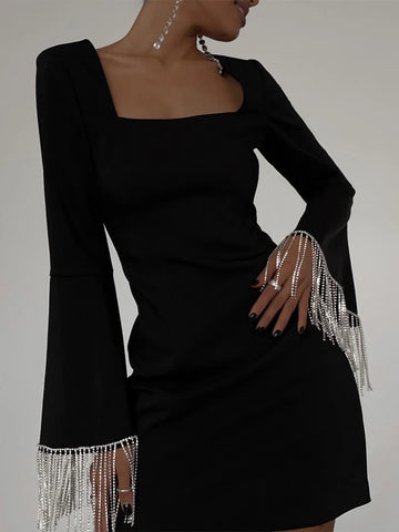 Solid Backless Diamonds Tassel Dress Flare Sleeve High Waist Patchwork