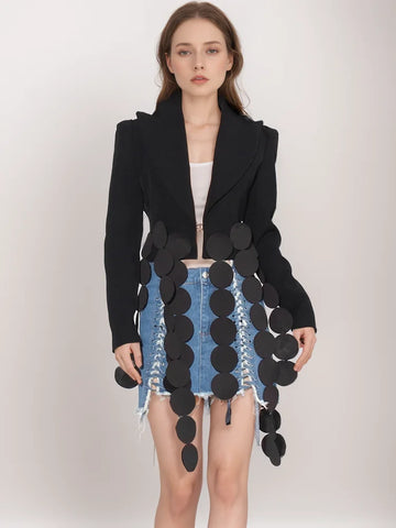 Solid Designer Blazer Notched Collar High Waist Spliced Tassel Short Coat